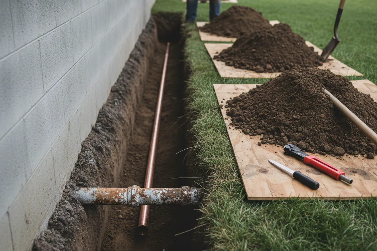 Excavated water line trench during Water Heater Repair in Holtsville
